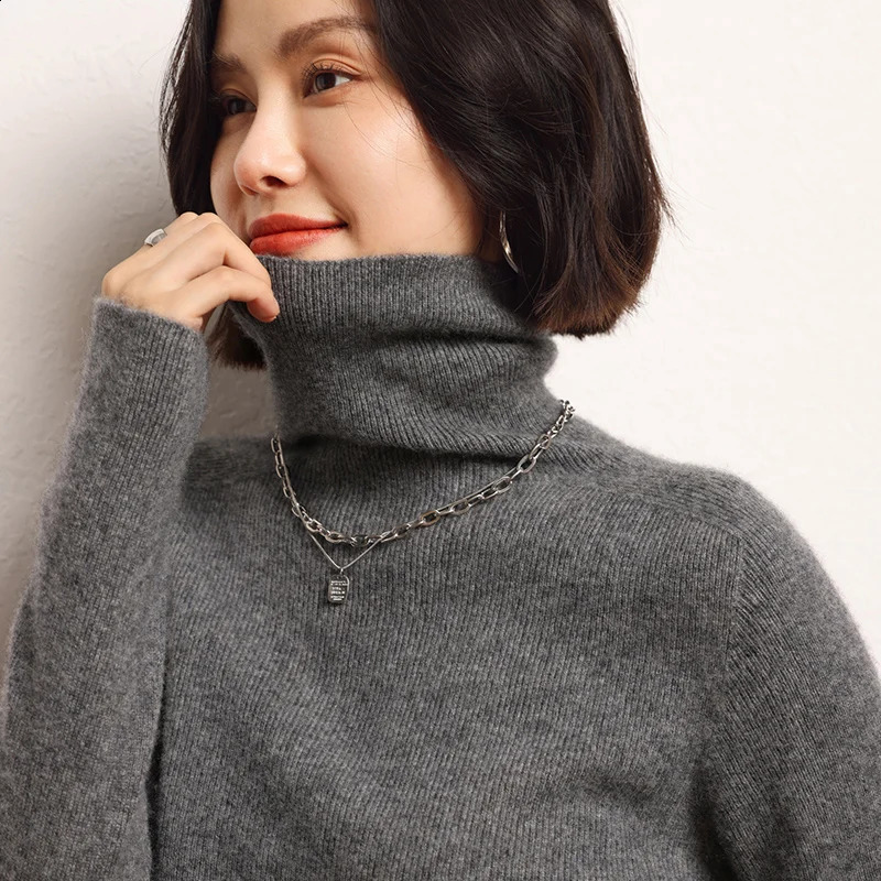 100 cashmere sweater womens knitted pullover high neck solid color slim fit soft basic 250911