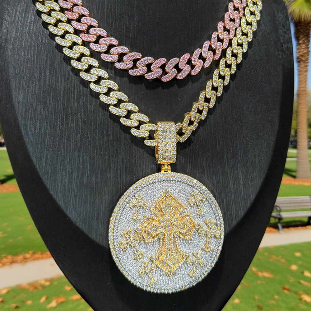 Hip Hop Cross Big Disc Pendant Necklace 5A Zircon Jewelry with 12mm Cuban Chain