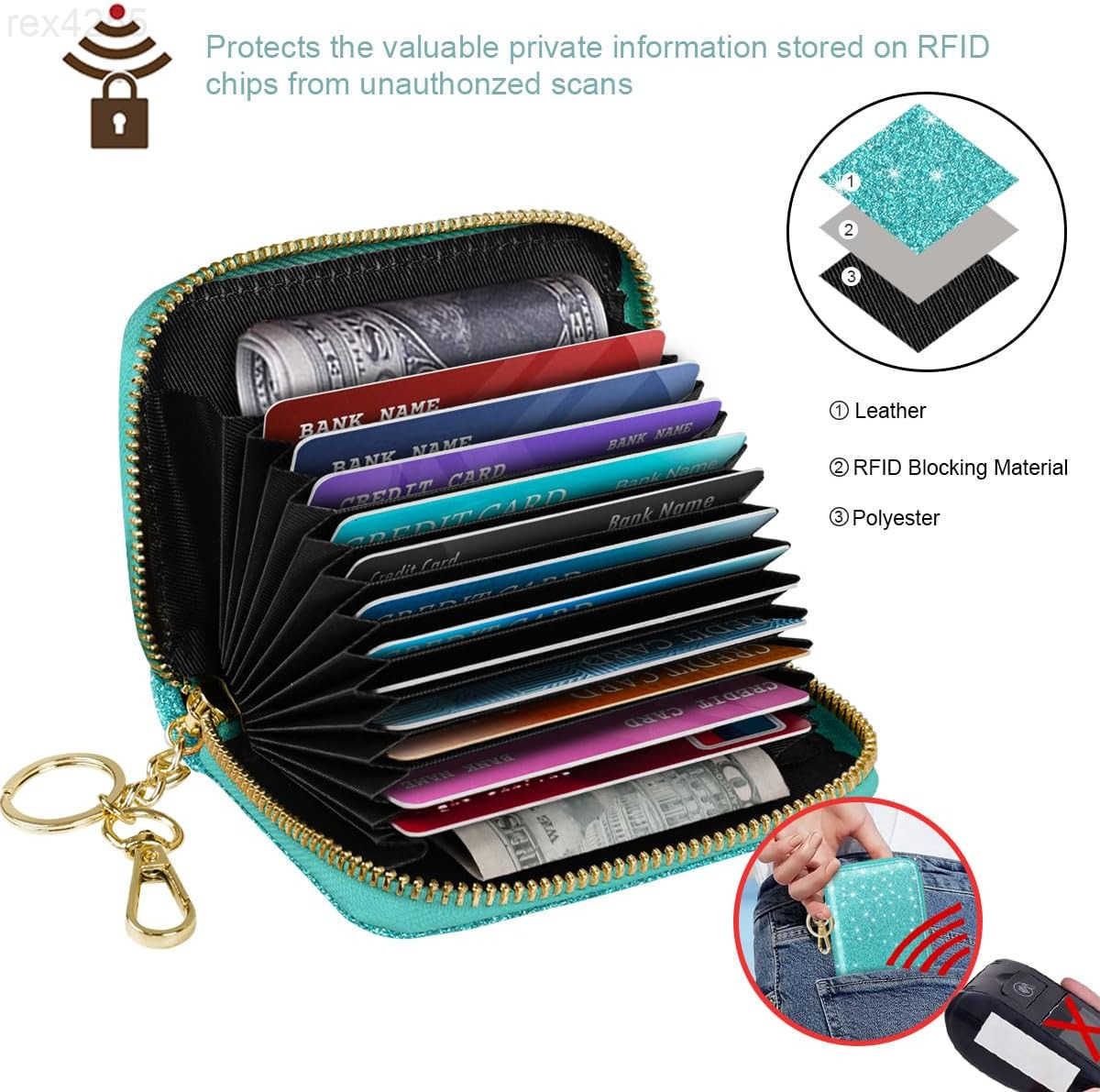 14 Credit Card Slots RFID Card Holder Wallet Glitter Leather Small Cute Card Organizer Case with Coin Pocket Keychain TiffanyW250911
