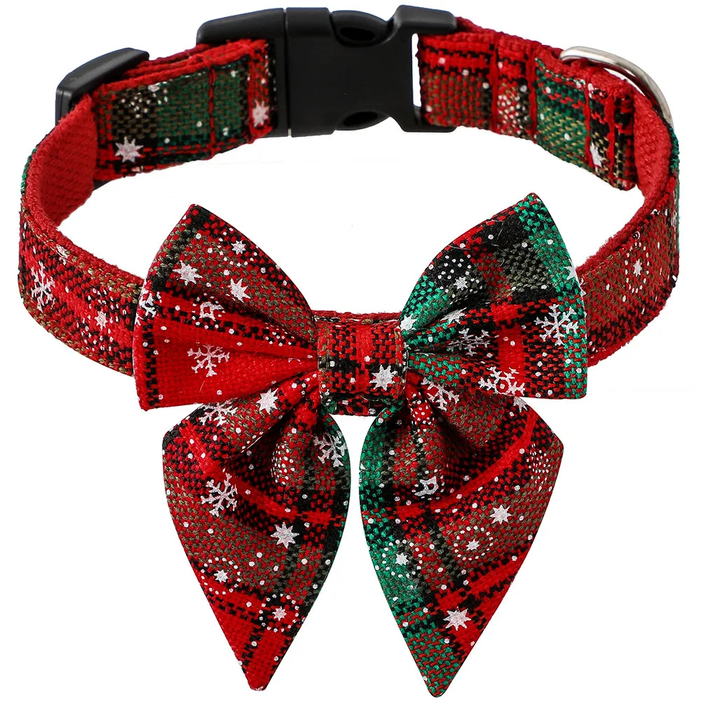 Christmas Dog Collar with Bow Adjustable Cotton Red Green Plaid Bowtie Dog Christmas Collars for Small Medium Large Dog