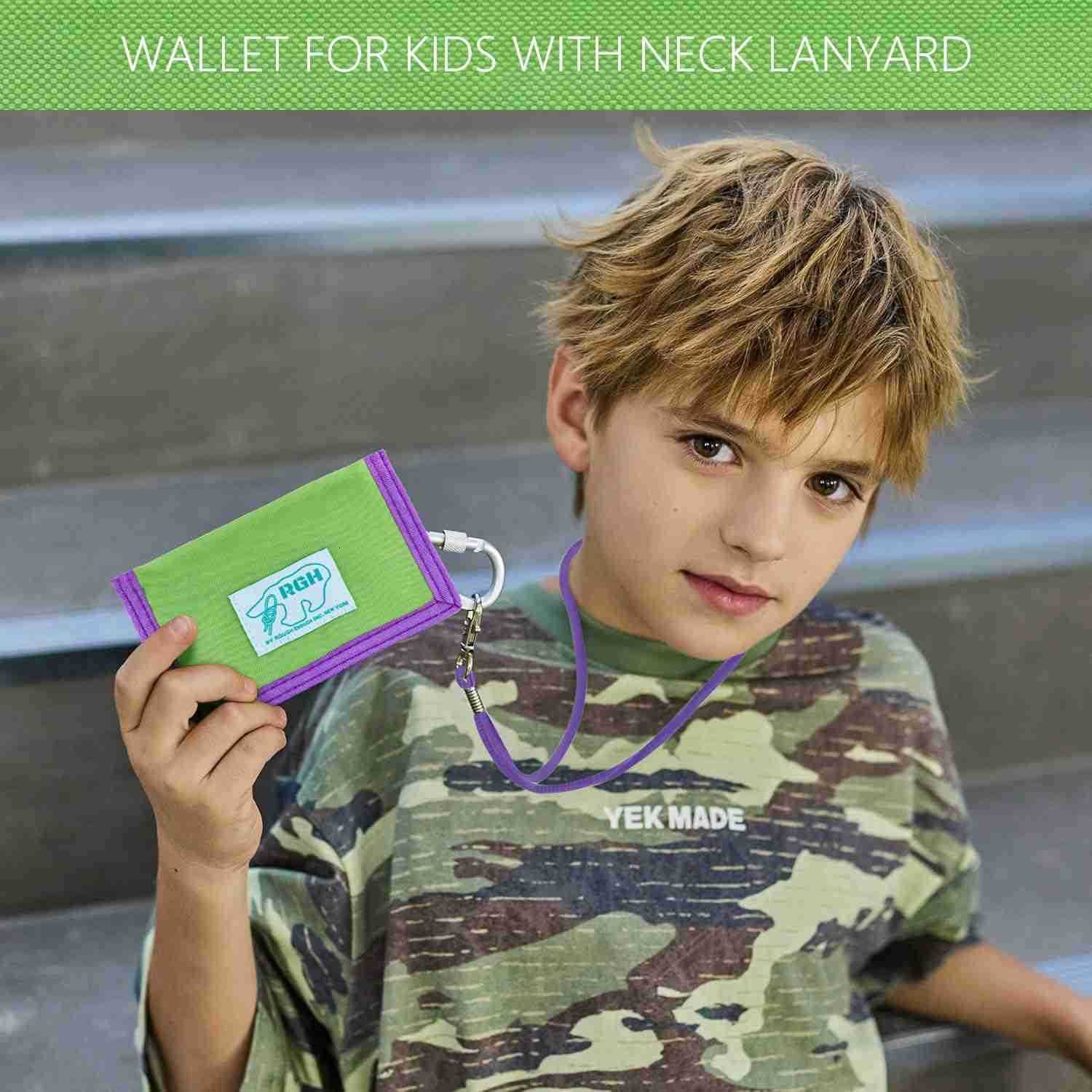Rough Enough Kids Wallet for Boys Girls Heavy Duty Nylon Wallet with Neck Lanyard Keychain for Travel Outdoor Activities Green PurpleW250911