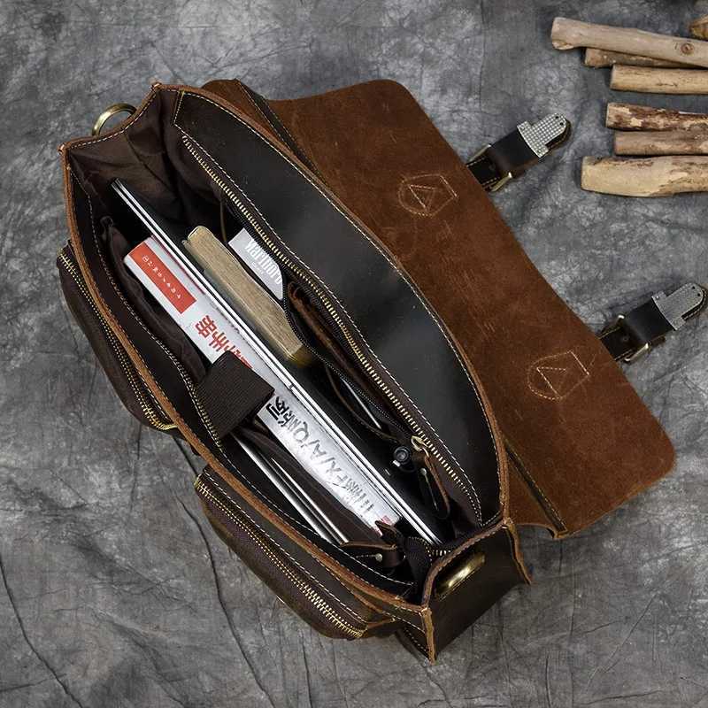 Vintage Men Briefcase Crazy Horse Genuine Leather Man Male Laptop Handbag Large Shoulder Messenger Portfolio Bag Business Case Z250906