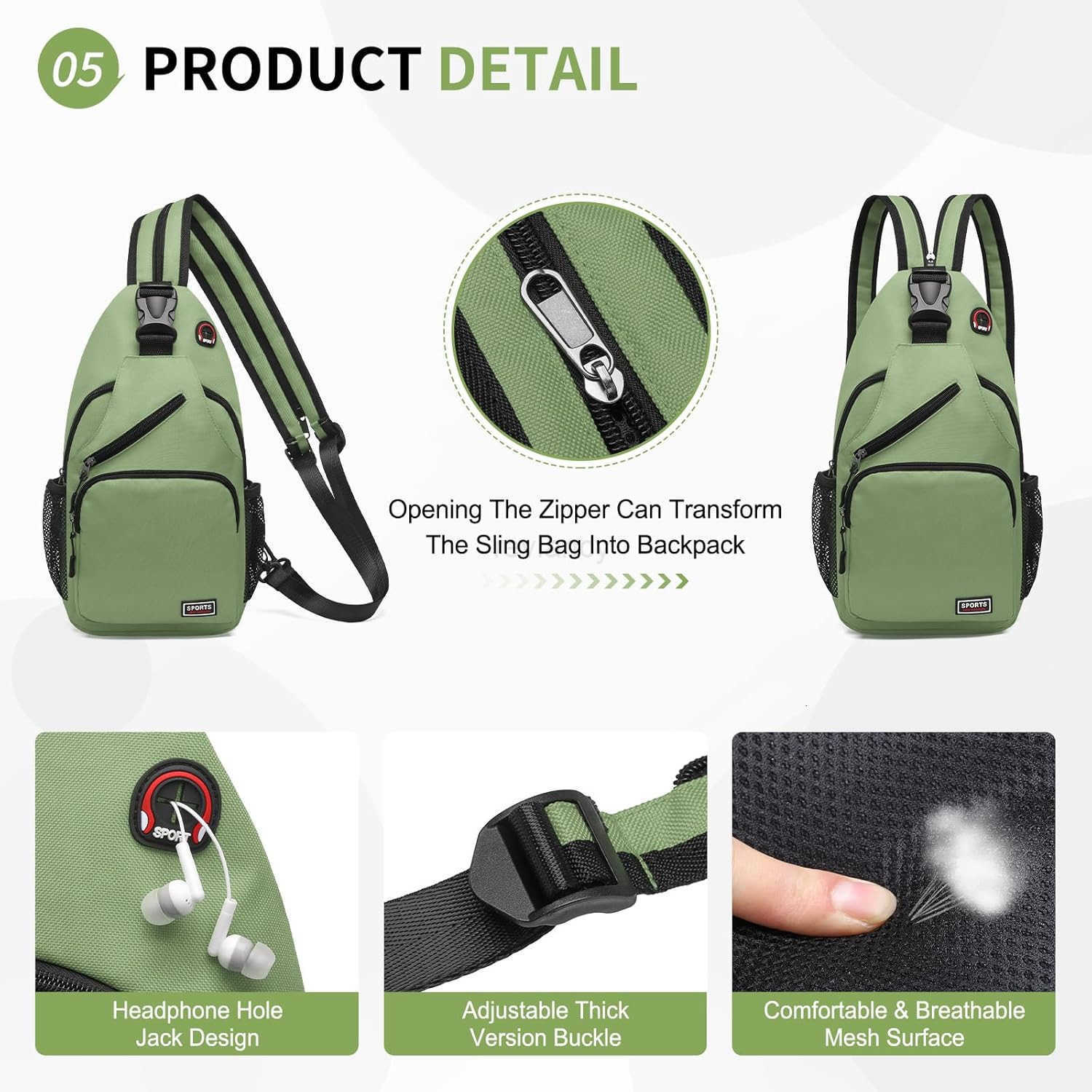 Sling Bag Crossbody Backpack 11Inch Pads Bags with Headphone Jack Shoulder Bag Casual Pack for Women Men Hiking Travel Cycling WhiteW250911