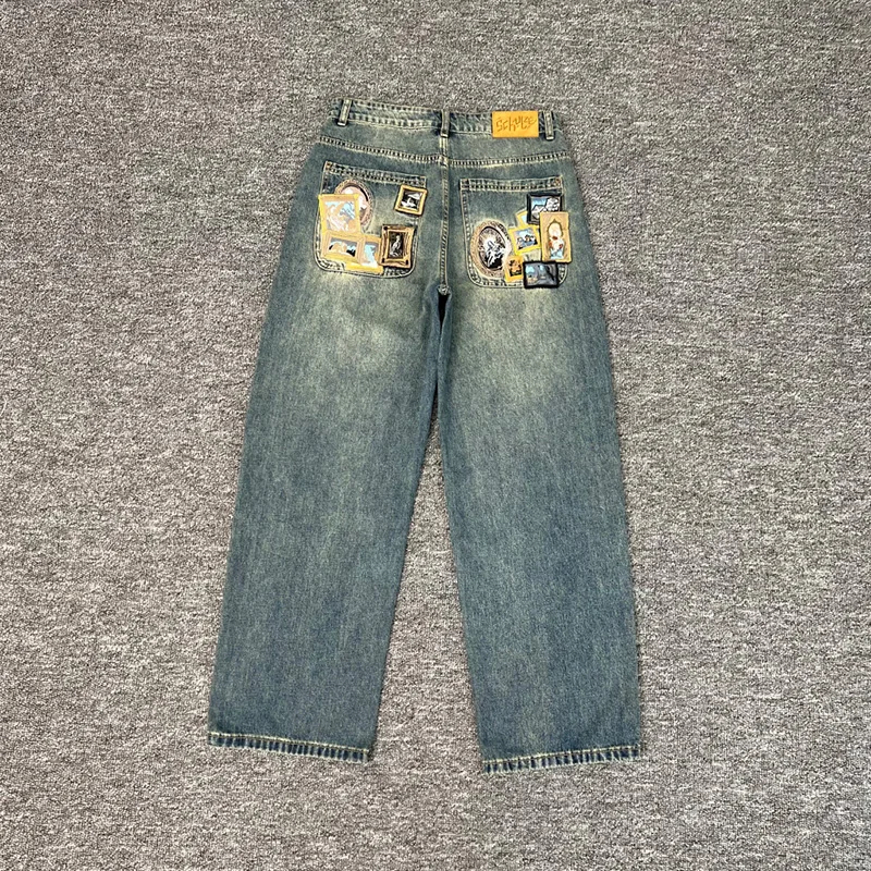 Best Quality Painting Embroidery Washed Blue Jeans Oversized Straight Leg Jeans Denim Pants Trousers Inside Tag