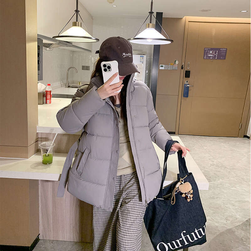 Winter New Solid Color Waist Cinched Hooded Fashion Versatile Trendy Korean Style Mid-Length Cotton Jacket for Women