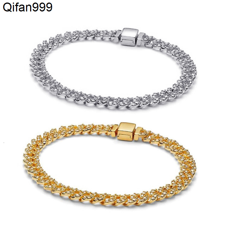 Golden Timeless Pave Cuban Chain Bracelet 100 925 Sterling Silver Luxurious BRACELET Women Girlfriend Party Jewelry Full Diamond Gold bracelet with Re