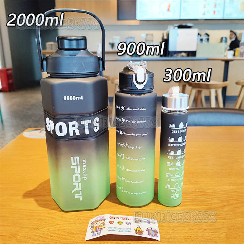Large Capacity Pet Plastic Cup Gradient Threepiece Set Double Drinking Straw Water Cup Outdoor Sports Portable Handle Cold Water Bottle H250911