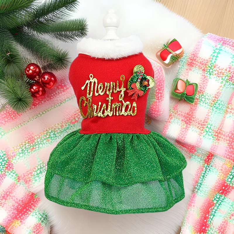 Christmas Dog Dress with Velvet & Glitter Tulle Skirt, Merry Christmas Print & Christmas Tree Decor, 4 Sizes for Dogs 1.5-8kg, Ideal for Christmas Par