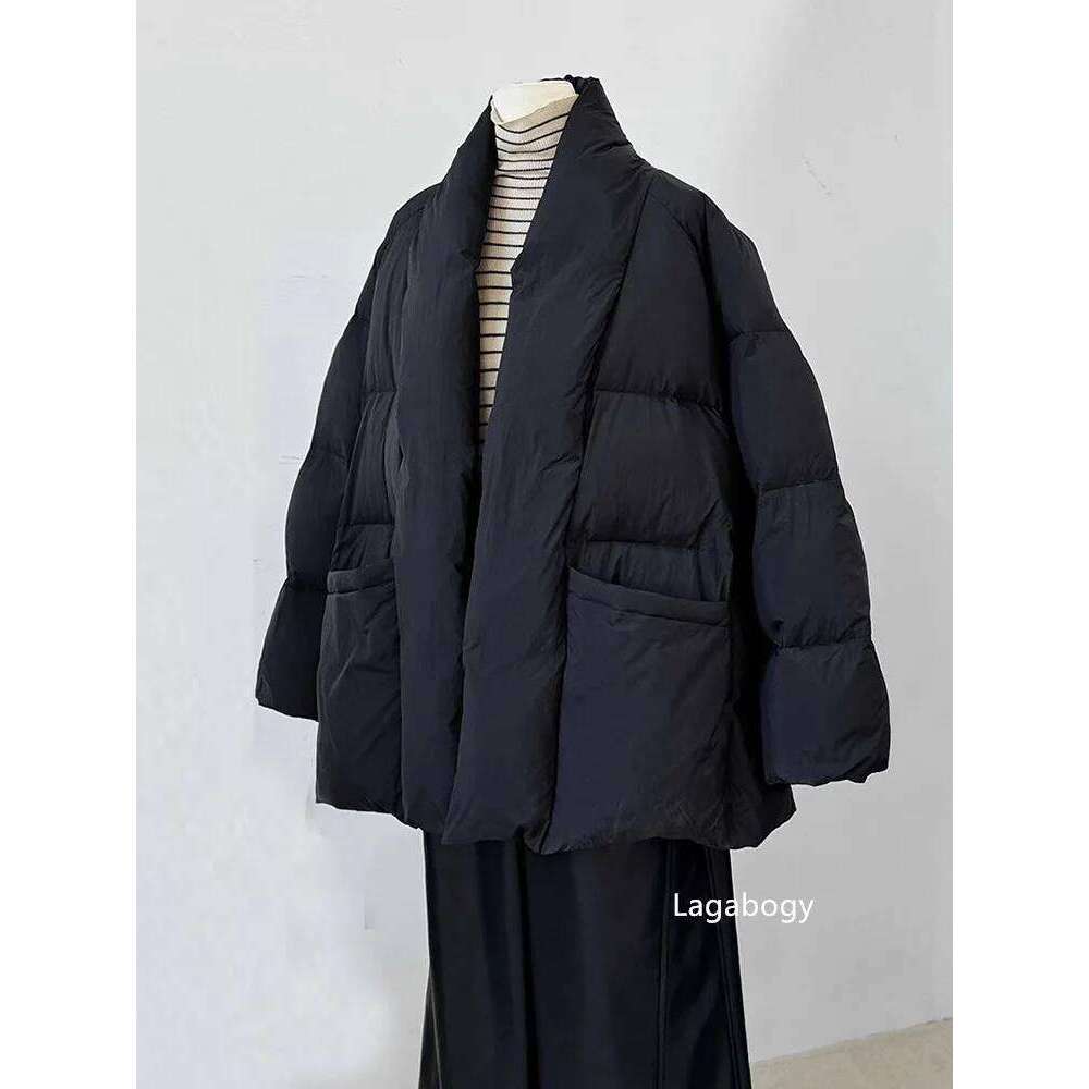 Lagabogy 2025 Winter Belt Waist-Tight Elegant Warm 90% White Duck Down Jacket Female Long Sleeve Solid Color V-Neck Puffer Coat