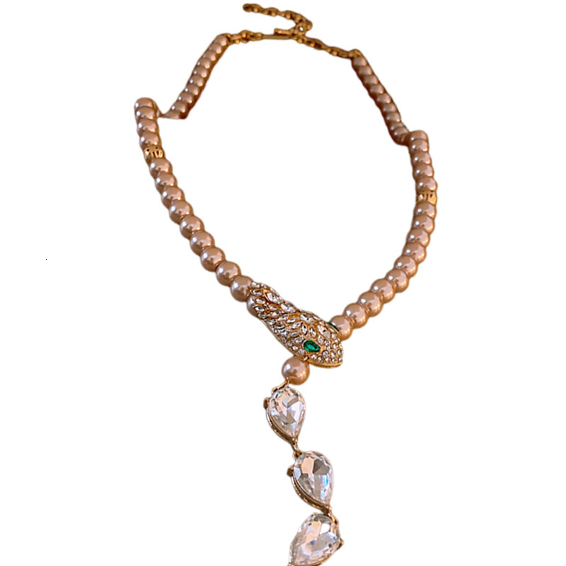 Luxury Brand Designer Jewelry Cross-Level Inlaid Diamond Snake-Shaped Pearl Necklace Earrings Vintage Light Luxury Sweater Chain Retro Niche High-End 