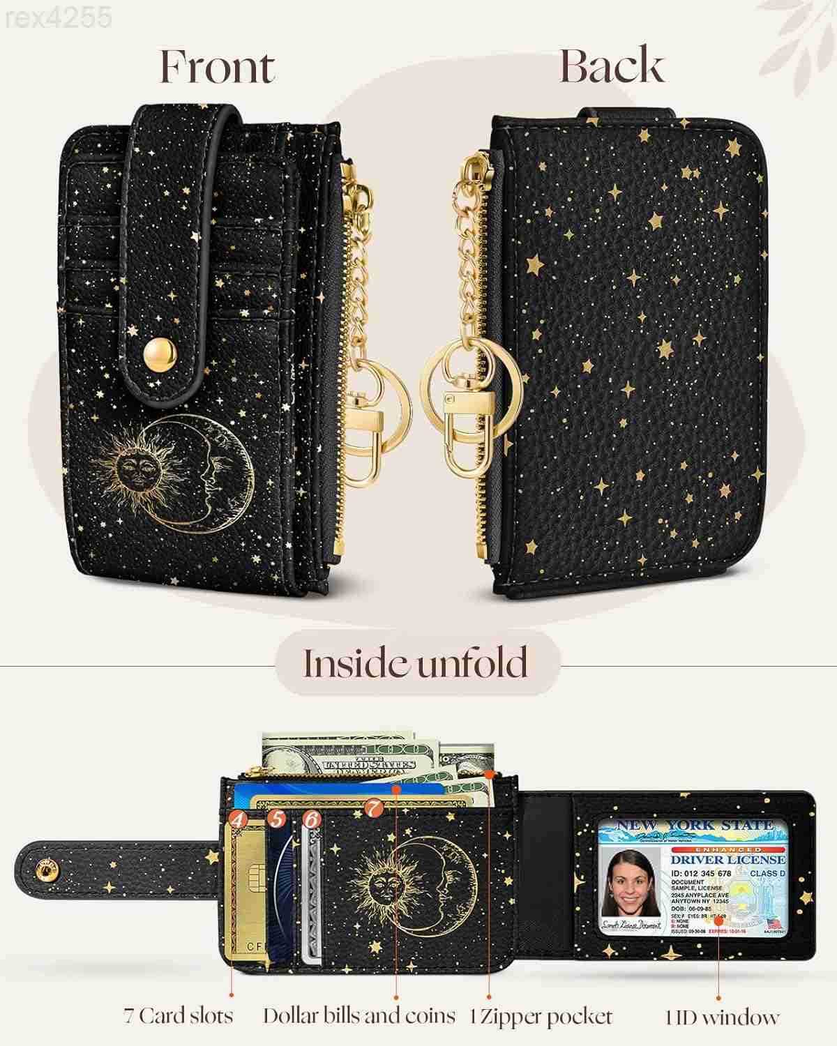 Cute Card Wallet Women Small Wallets with Keychain Sun Moon RFID Credit Cardholder Aesthetic Fashion Design Coin Purse for Female Ladies Teen GirlsW25