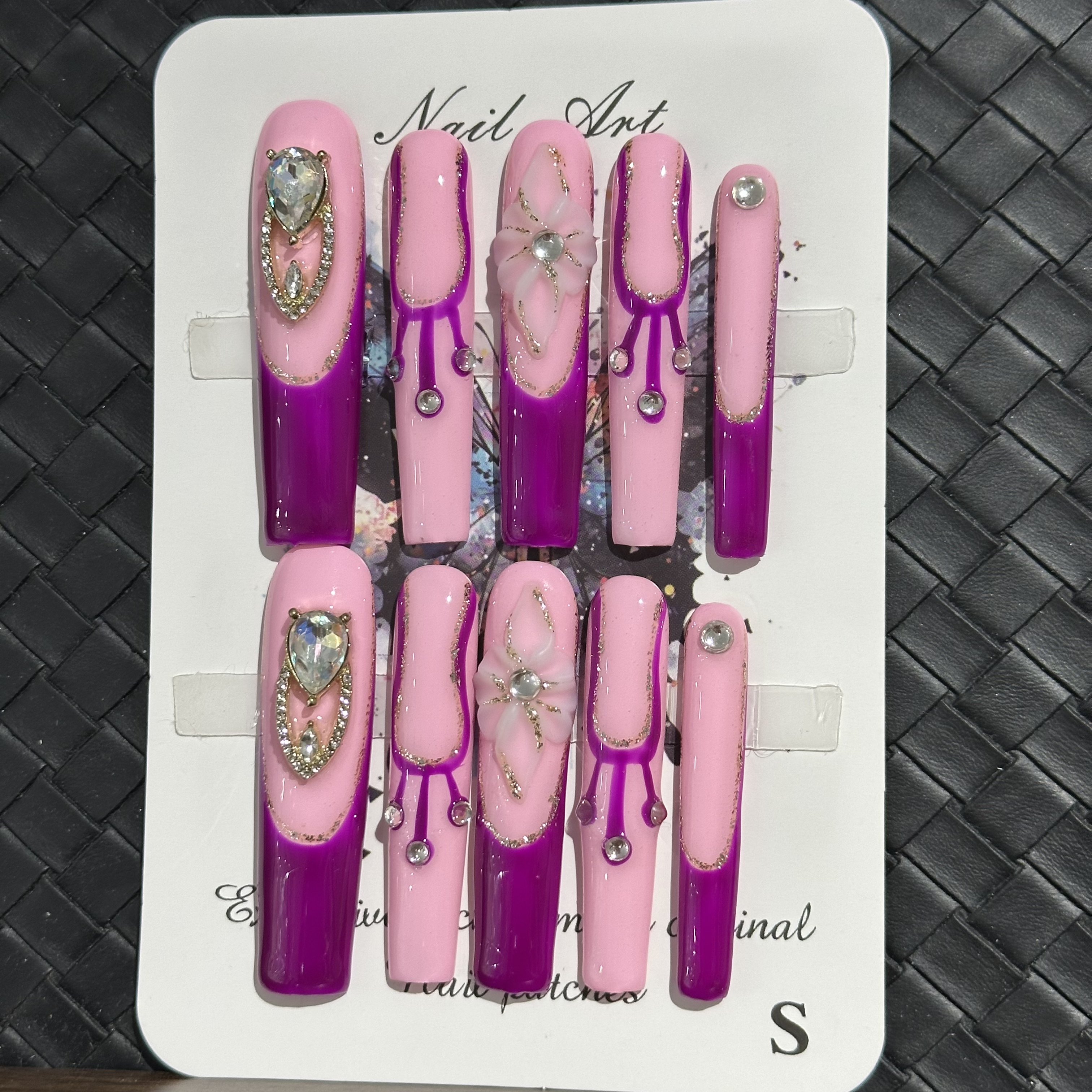 Fake nails, purple pink French diamonds, hand drawn, trendy and fashionable, European and American ins style, extra long, handmade