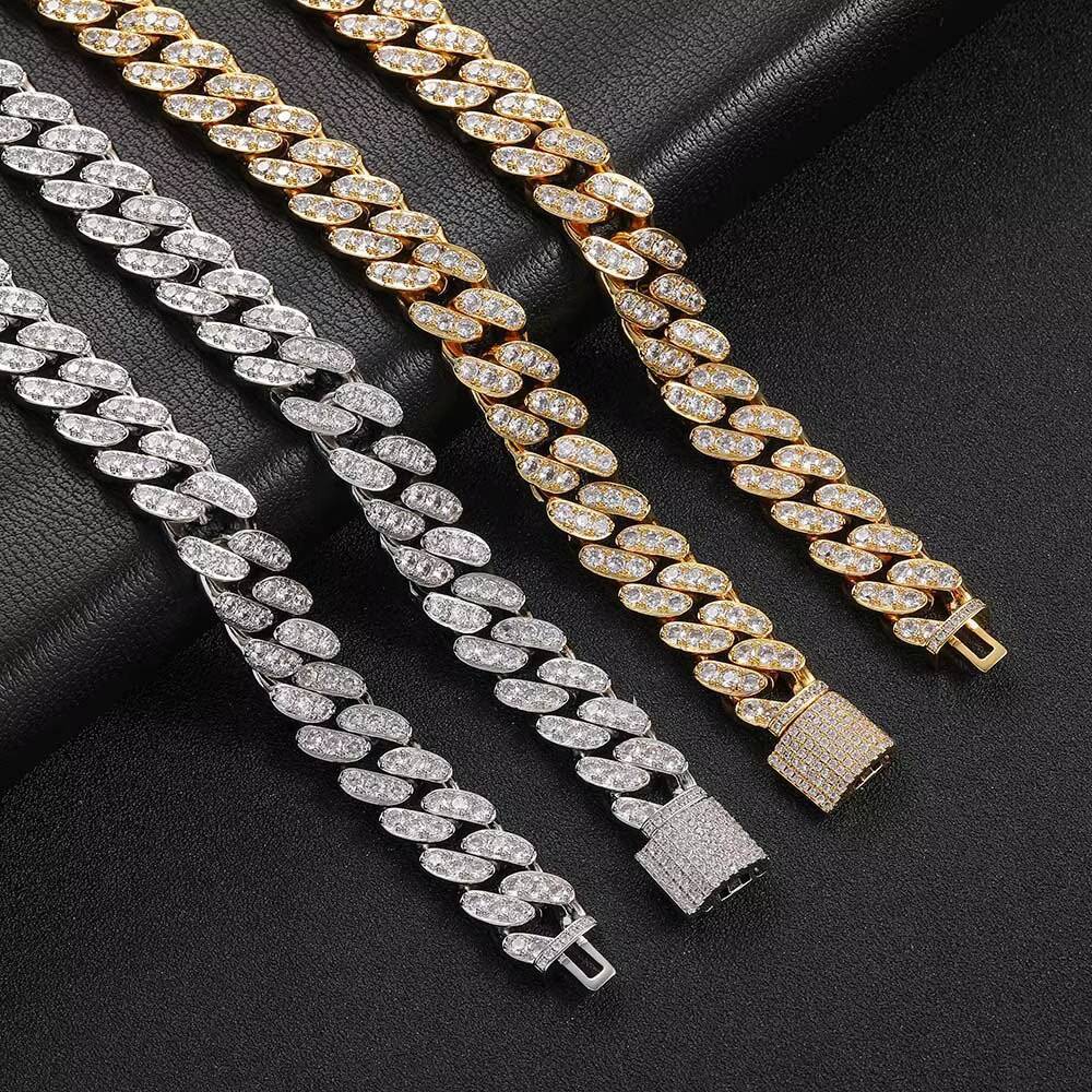 NUOYA 12mm Silver Cuban Link Chain for Women Micro Pave Bling Single Row Zircon Cuban Link Chain Hip Hop Necklace Jewelry Gift