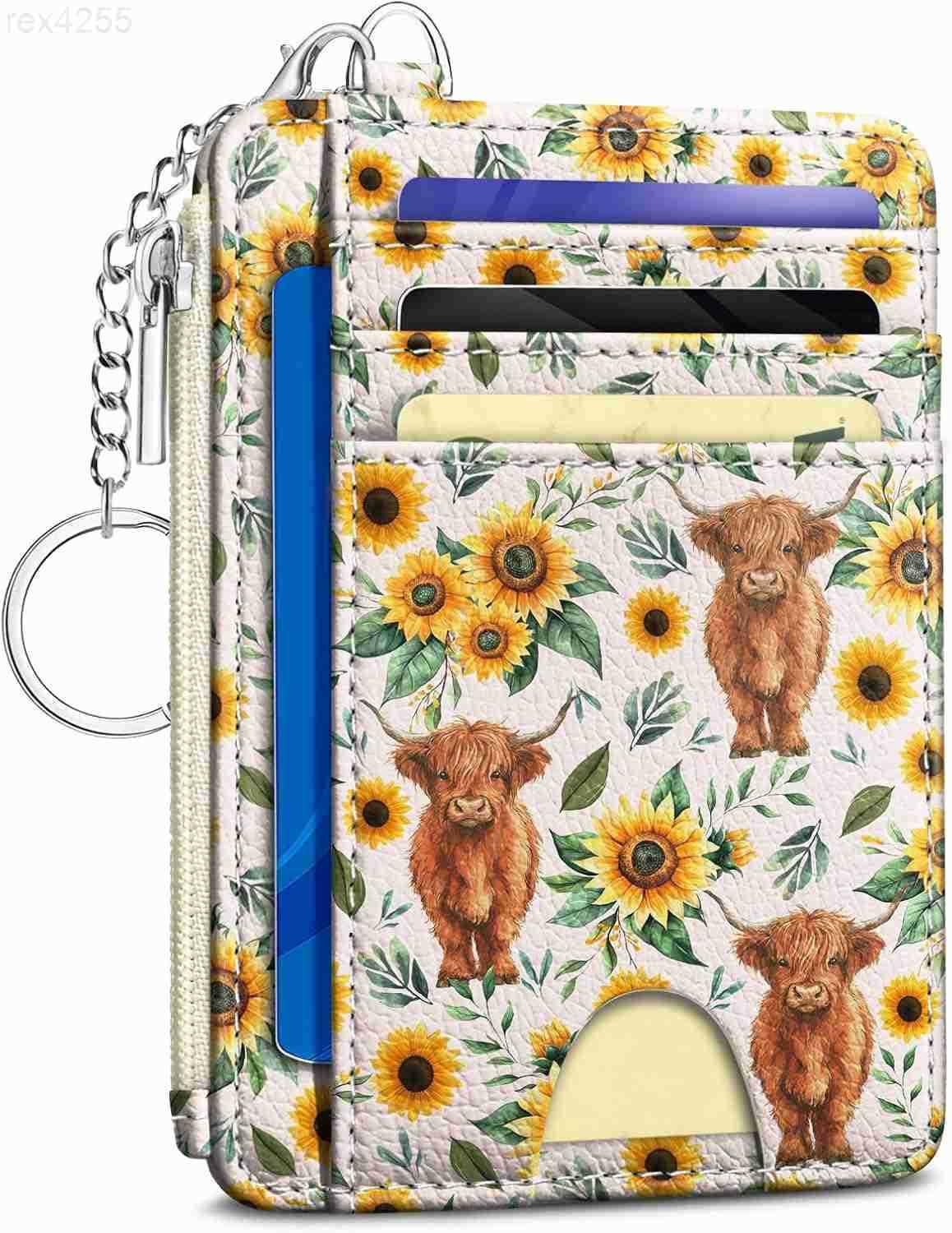 Cow Sunflower Credit Card Holder Small Wallet Women Slim RFID Blocking Wallet Woman Keychain with Zipper Coin Pocket Front Pocket Thin Travel Card Cas