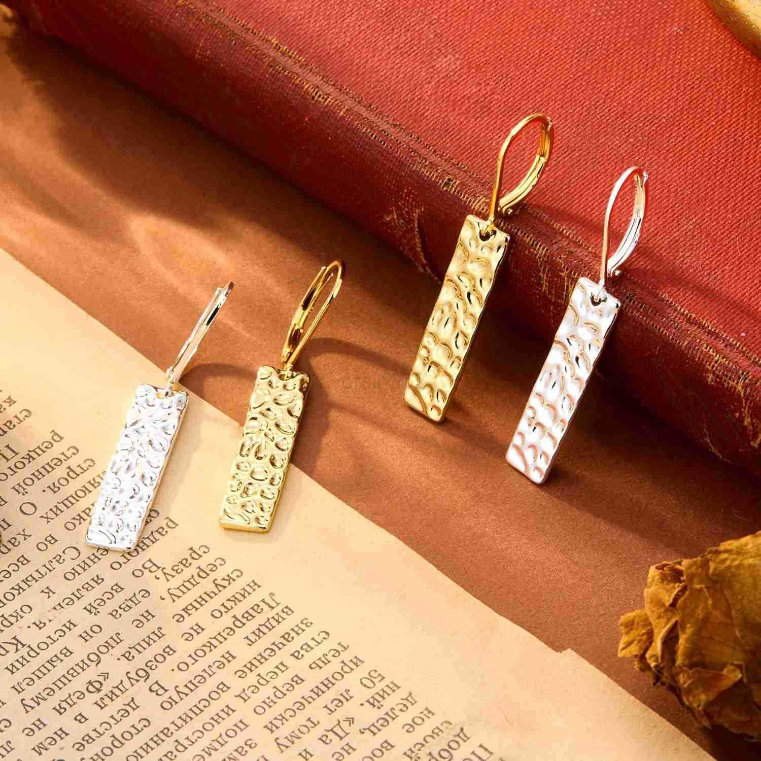 925 Sterling Silver Dangle Earrings for Women 14K Gold Plated French Leverback Earrings Hypoallergenic Lightweight Statement Hammer Square Bar Long Dr