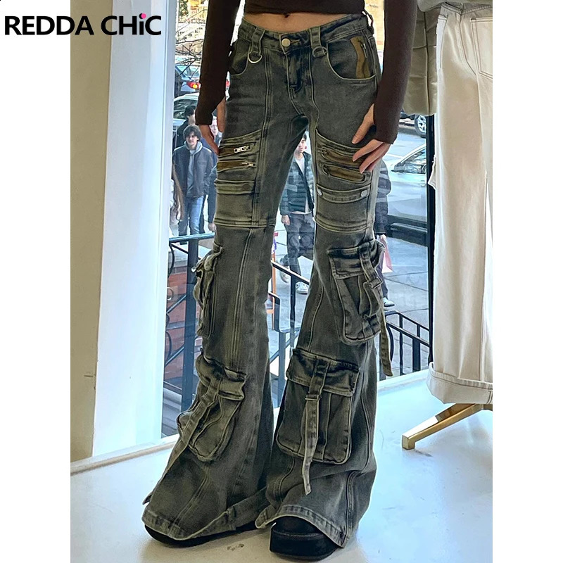ReddaChic Tall Girl Cargo Pockets Flare Jeans Women Vintage Blue Distressed Zipper Decor Bootcut Pants Grunge Y2k Streetwear 250911