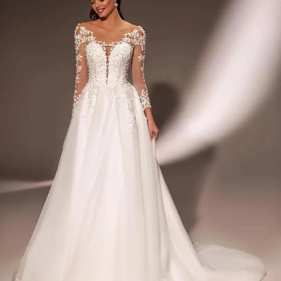 Elegant Church Wedding Dress 2026 Scoop Lace Appliques 3D Flowers Illusion Back Tulle Princess A-line Bridal Bride Gown Vestido de Noiva