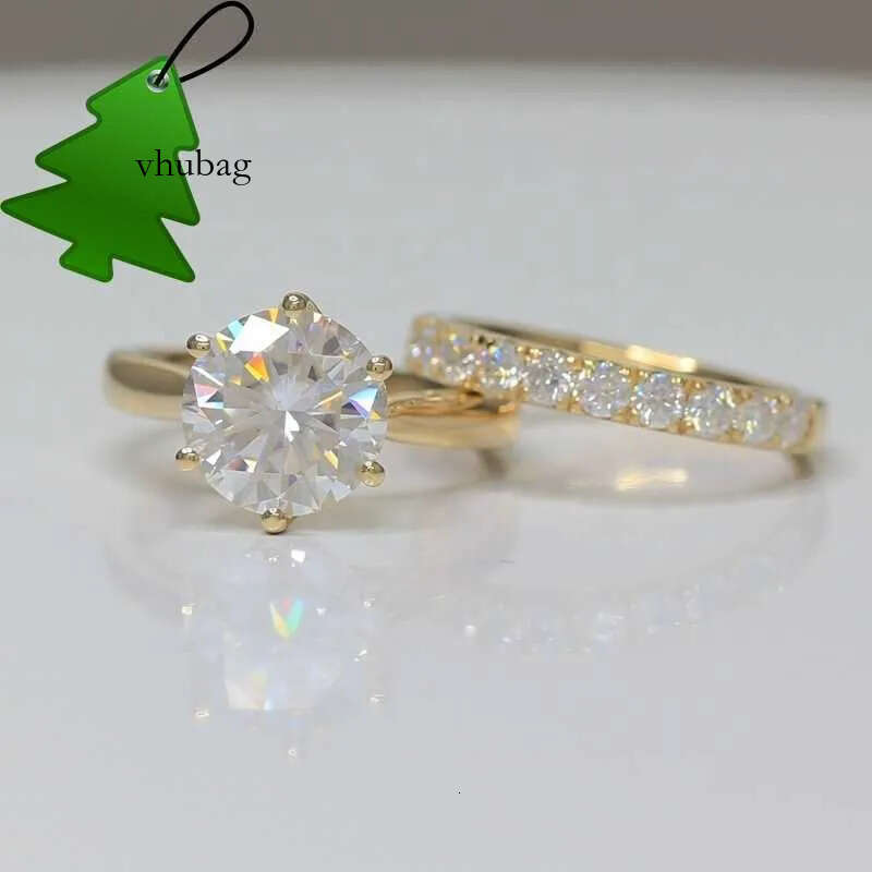 14k Yellow Gold Set Classic 6 Prongs 3.5ct Round Moissanite Solitaire 2.5mm Eternity Ring Band