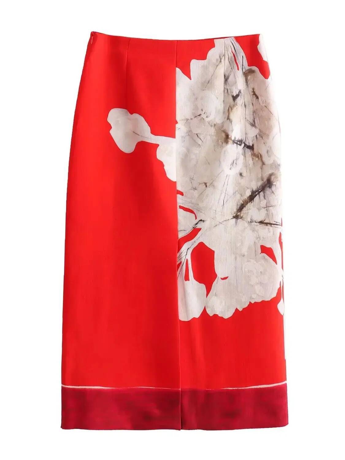 Women's Fashion 2024 Linen Blended Pencil High Waist Zipper Contrasting floral Printed Hem Slit Female Midi Skirt dongdumaoyi