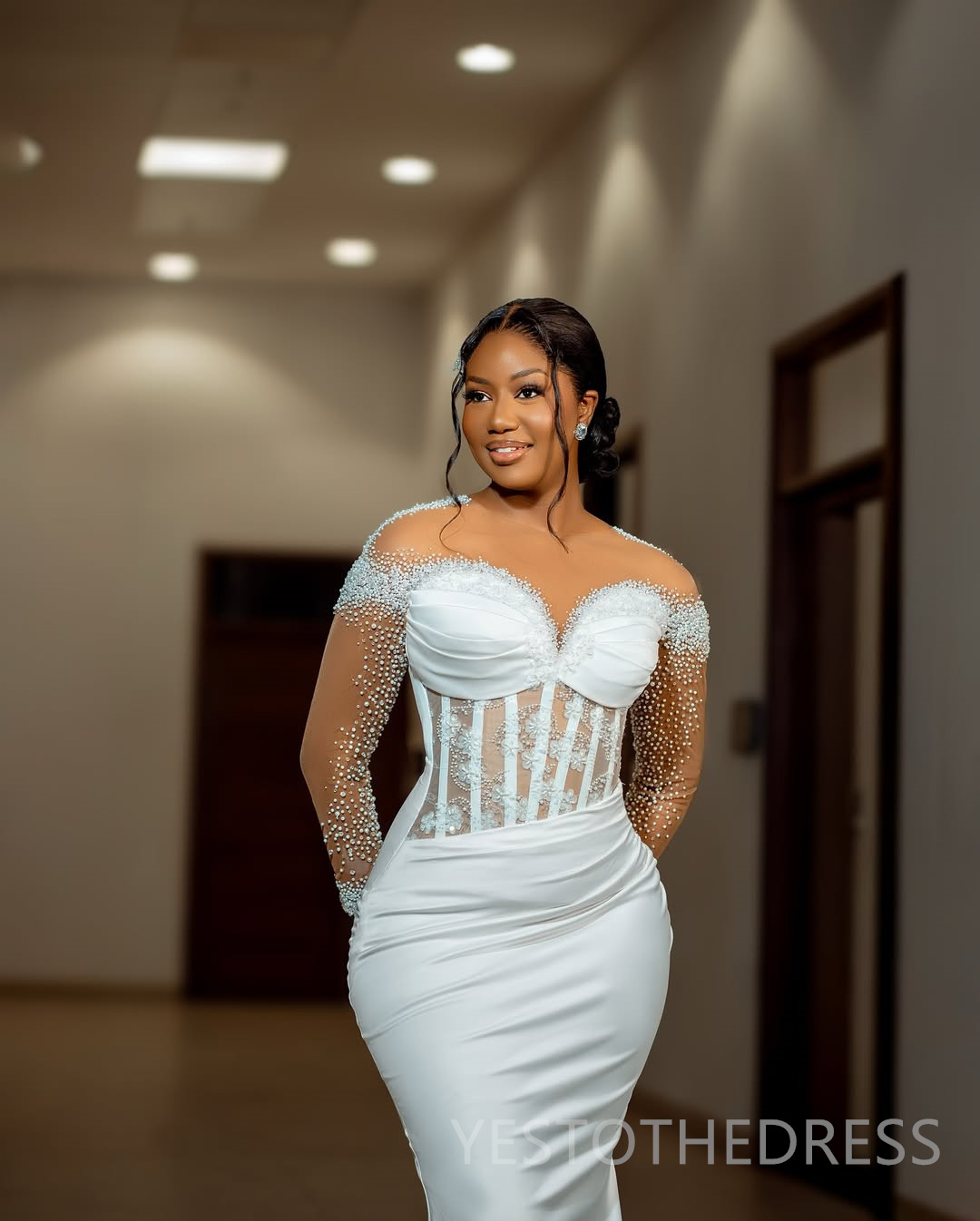 2025 Aso Ebi African Wedding Dress Bridal Gowns For Bride Mermaid Sheer Neck Illusion Beaded Lace Pearls Ruffles Appliqued Lace Wedding Gowns For Blac
