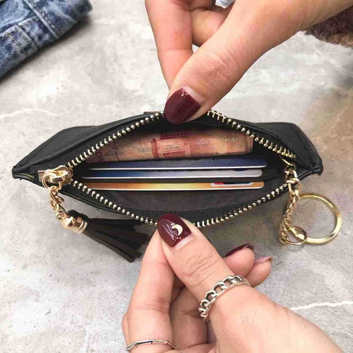 Coin Purse Change Wallet Pouch Leather Card Holder with Key Chain Tassel ZipBurgundyW250911