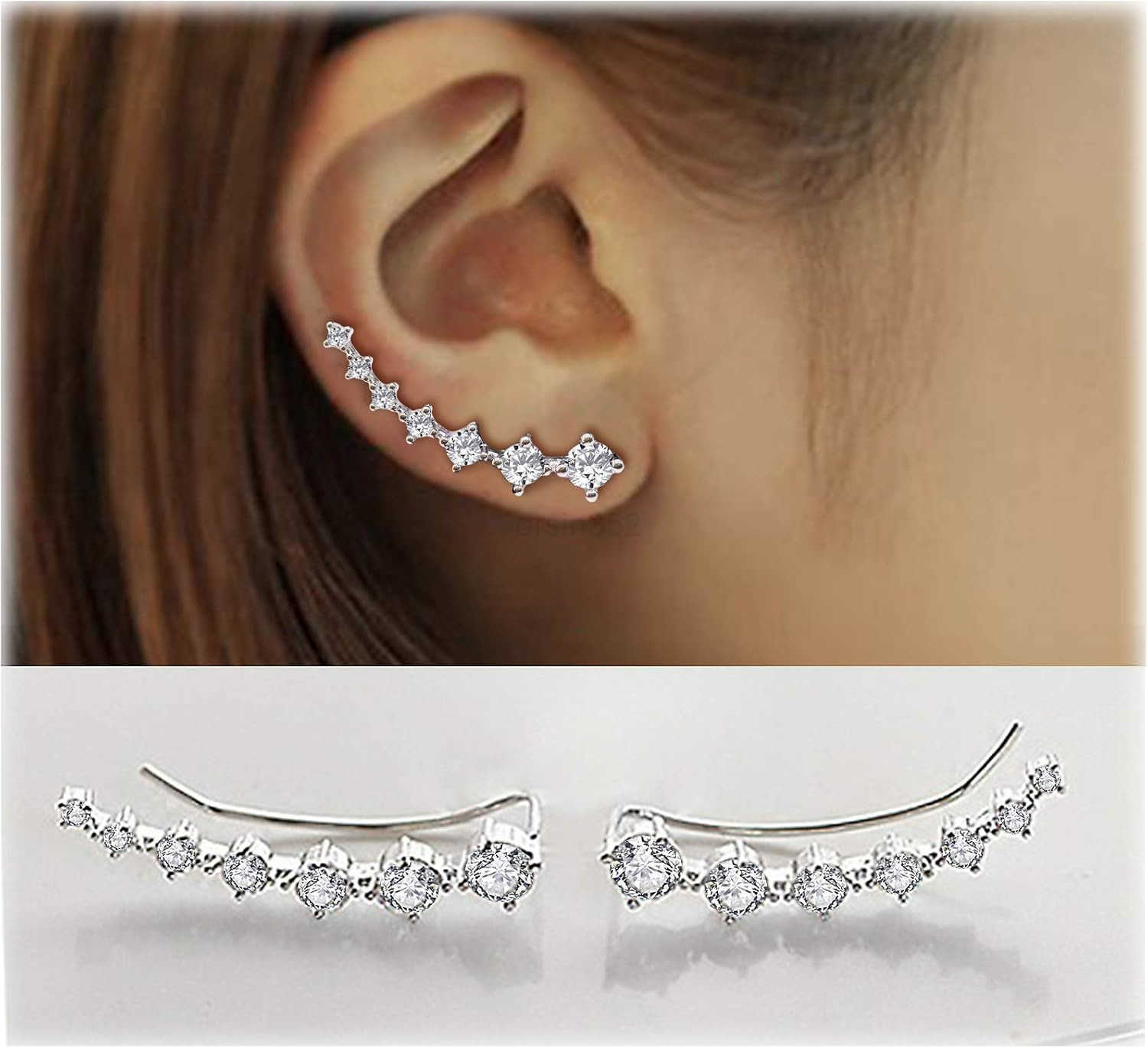 Silver 7 Crystals Ear Cuffs Climber Cartilage Earrings Dainty Trendy Jewelry Hypoallergenic Fashion Earring Charms Birthday Gift for WomenW250911