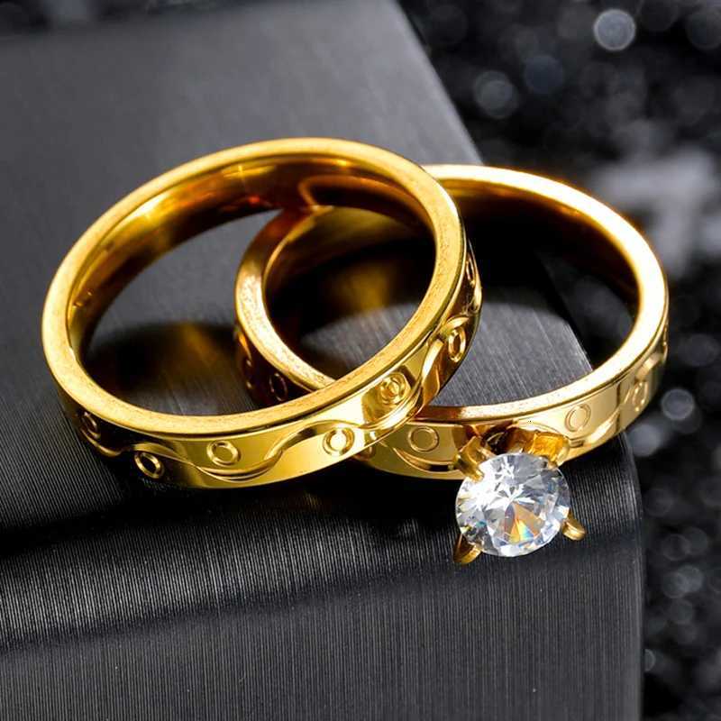 2pcs Wedding Rings for Women Men Couple Promise Band Set Crystal Stainless Steel Engagement Jewelry Dropshipping for Lovers W250911