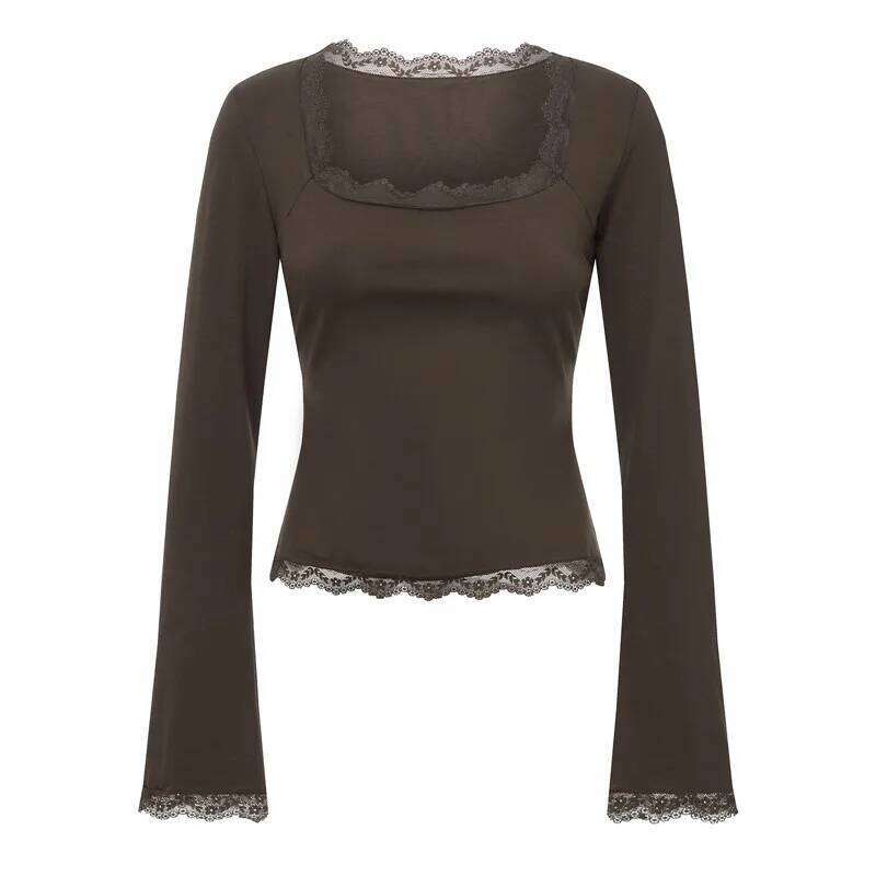 Imcute Women's Spring Lace Trim Tee Shirt Blouses Fashion Long Sleeve Square Neck Slim Trendy Party T-Shirt Y2k Streetwear