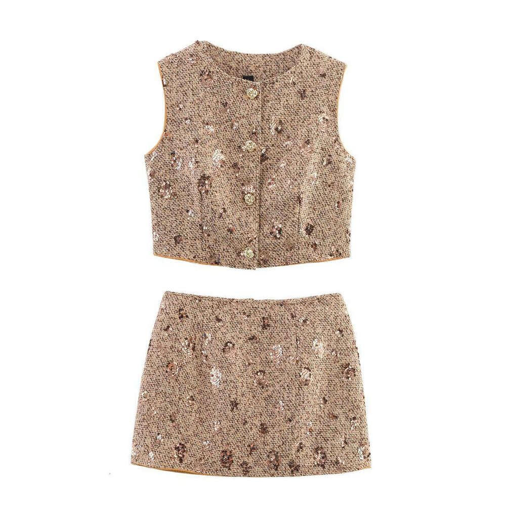 DHEssentials INS Sequin Half Short Skirt French Slim Fit Beaded Embroidery Tweed Little Chanel Style Two-Piece Set