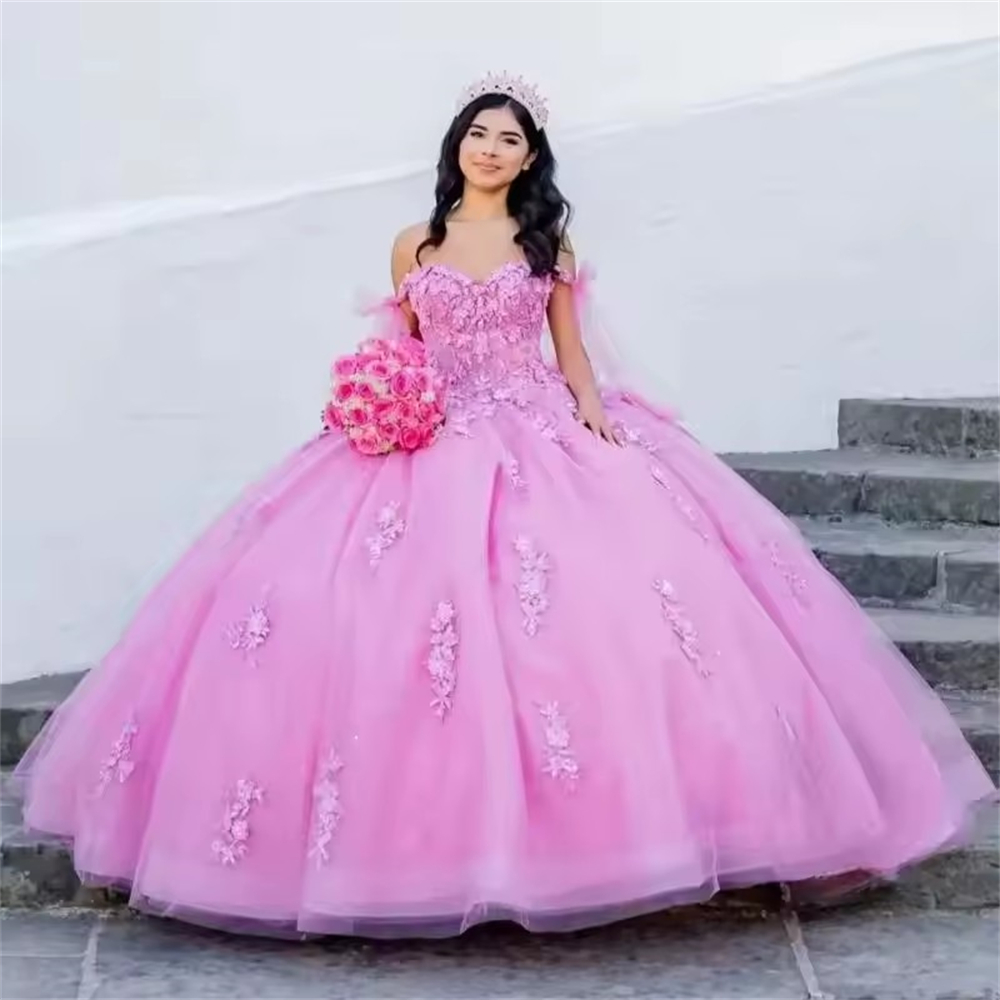 Ball Gown Quinceanera Dresses Pink Glittering Sparkly Tulle Lace Appliques Customized Sweet 15 16 Princess Birthday Party Gowns Vestidos De 15 Anos QD