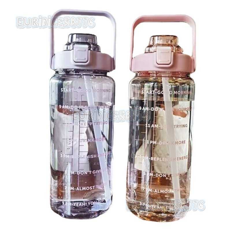 Large Capacity Water Bottle Summer Sports 2000ml Graduated Straw Plastic Cup High Temperature Resistant Water Bottle for Men and Women Large Water H25