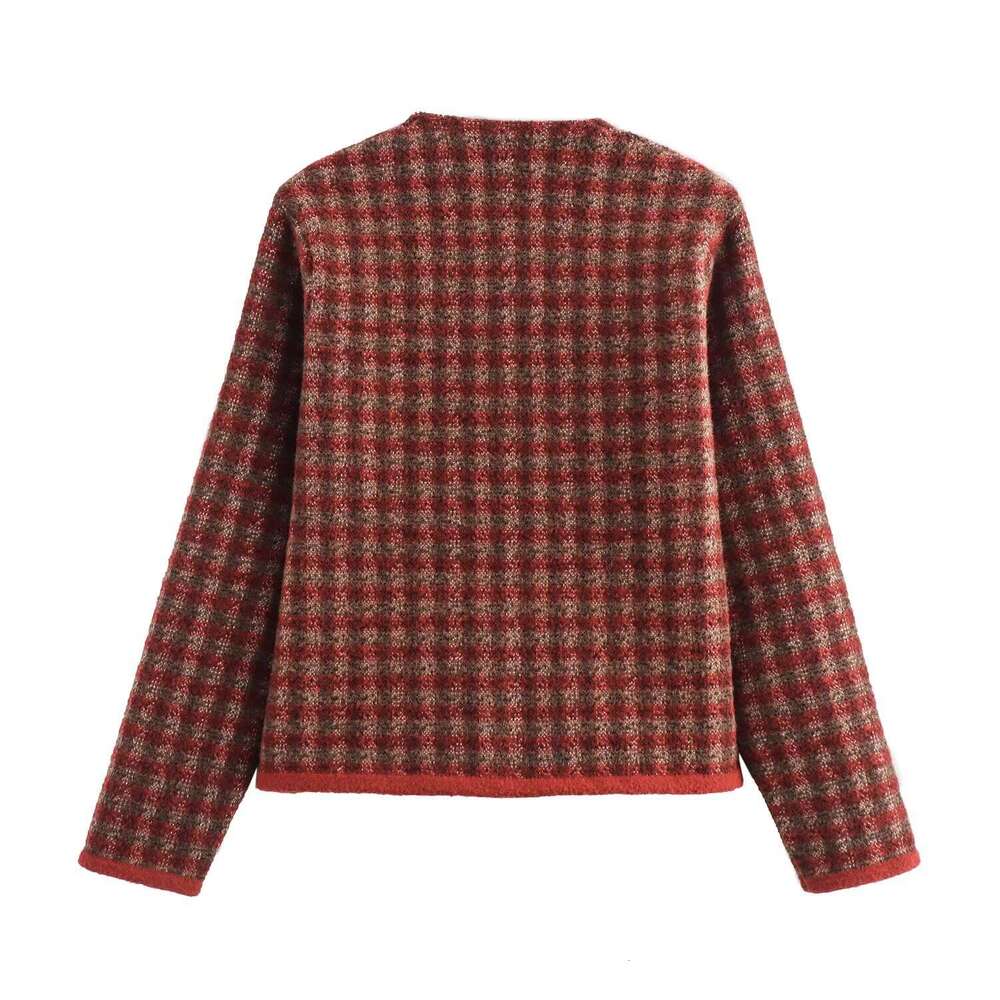 DHEssentials 2025 Autumn New French Style Soft Versatile Red Plaid Round Neck Knitted Sweater Cardigan