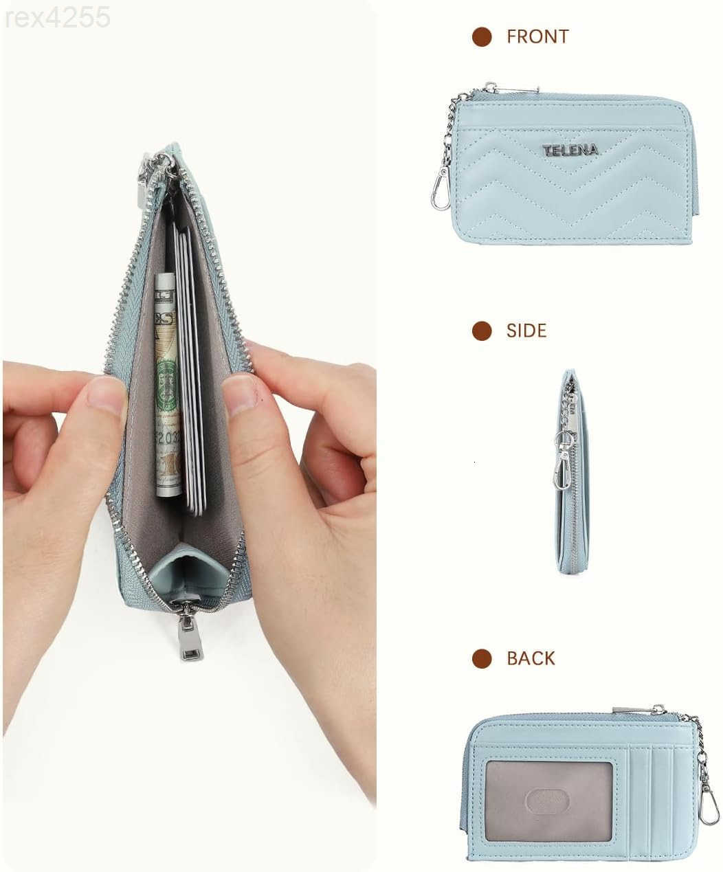 Slim Wallet Women RFID Blocking Credit Card Holder Leather Coin Purse with Silver Keychain BlueW250911