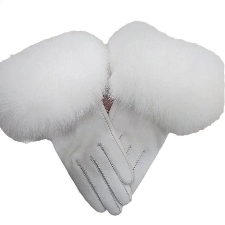 Womens genuine leather gloves for winter warmth made of genuine sheepskin and fox fur fashionable style natural fluffy fox fur S7200 241025