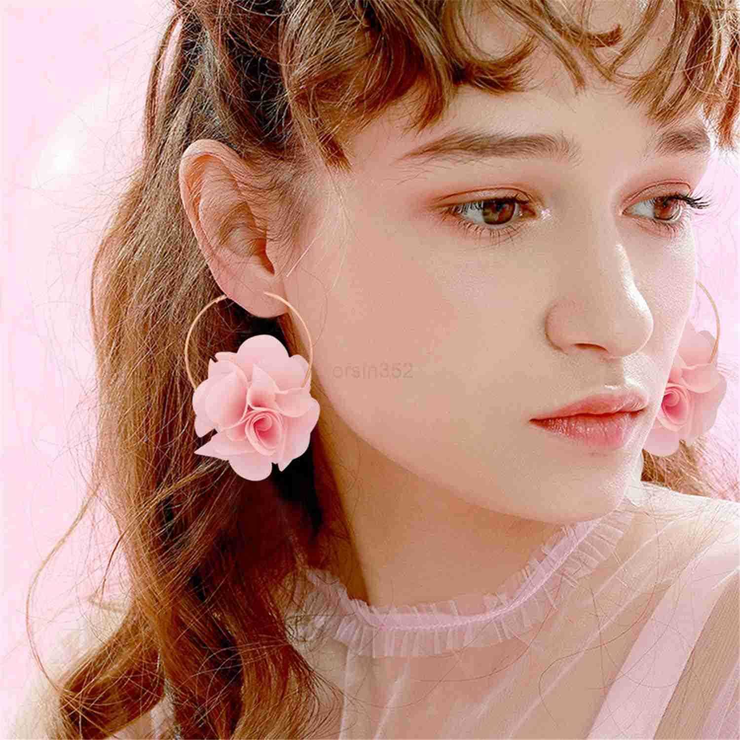 Big Fabric Flowers Dangle Drop Earrings Handmade Charm Chic Petal Hoop Earrings with Chiffon Floral Tassel for Women Vacation WeddingW250911