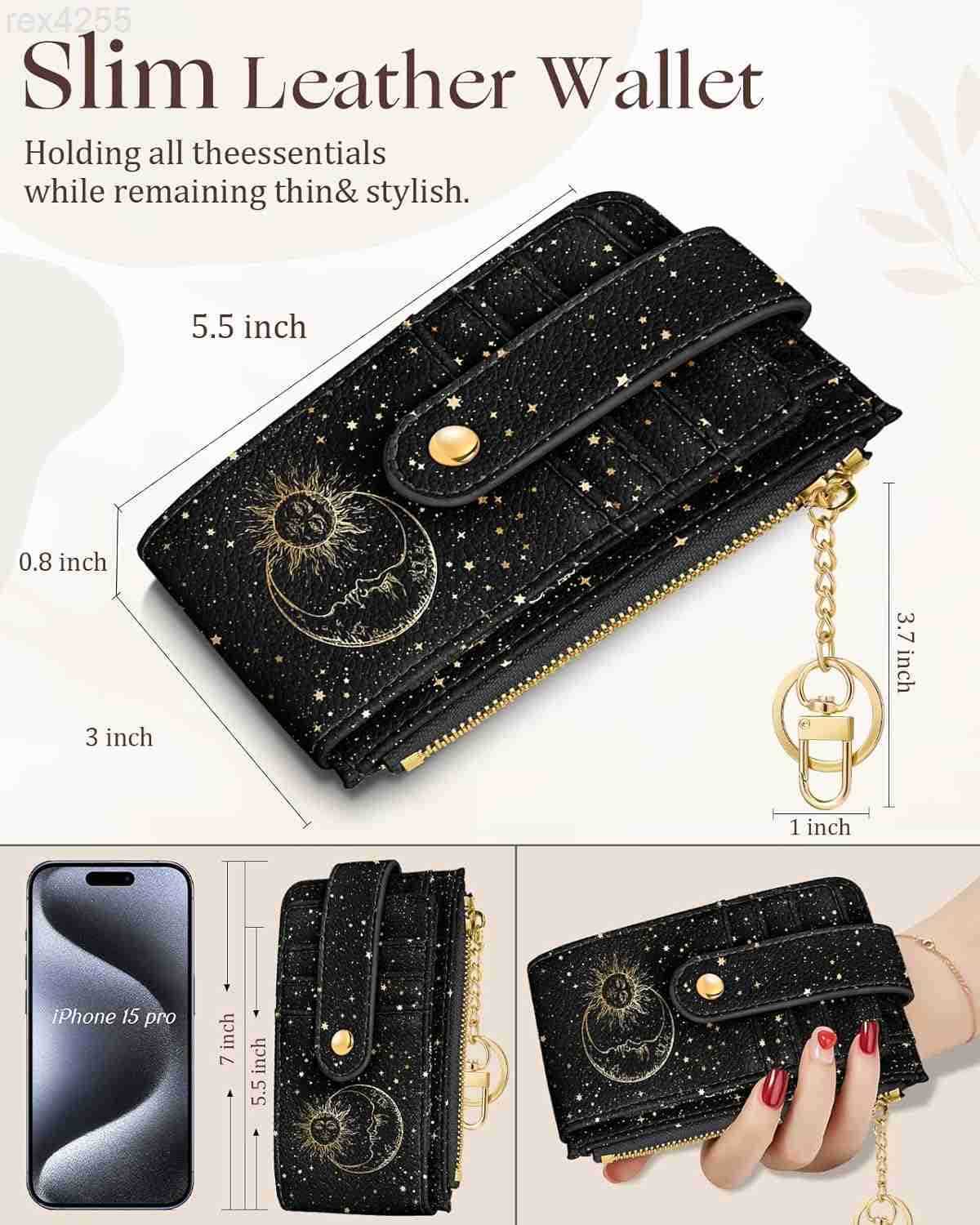 Cute Card Wallet Women Small Wallets with Keychain Sun Moon RFID Credit Cardholder Aesthetic Fashion Design Coin Purse for Female Ladies Teen GirlsW25