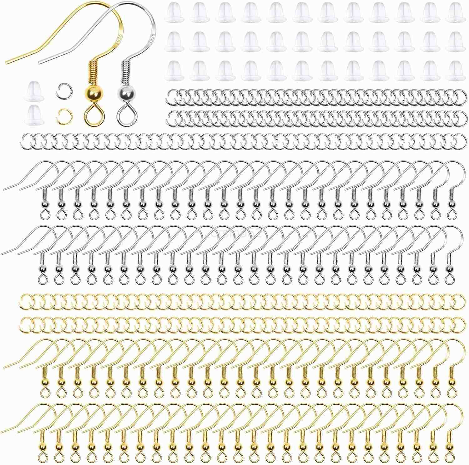 600Pcs Earring Making Kit with Hypoallergenic Hooks Jump Rings Rubber Backs SilverW250911
