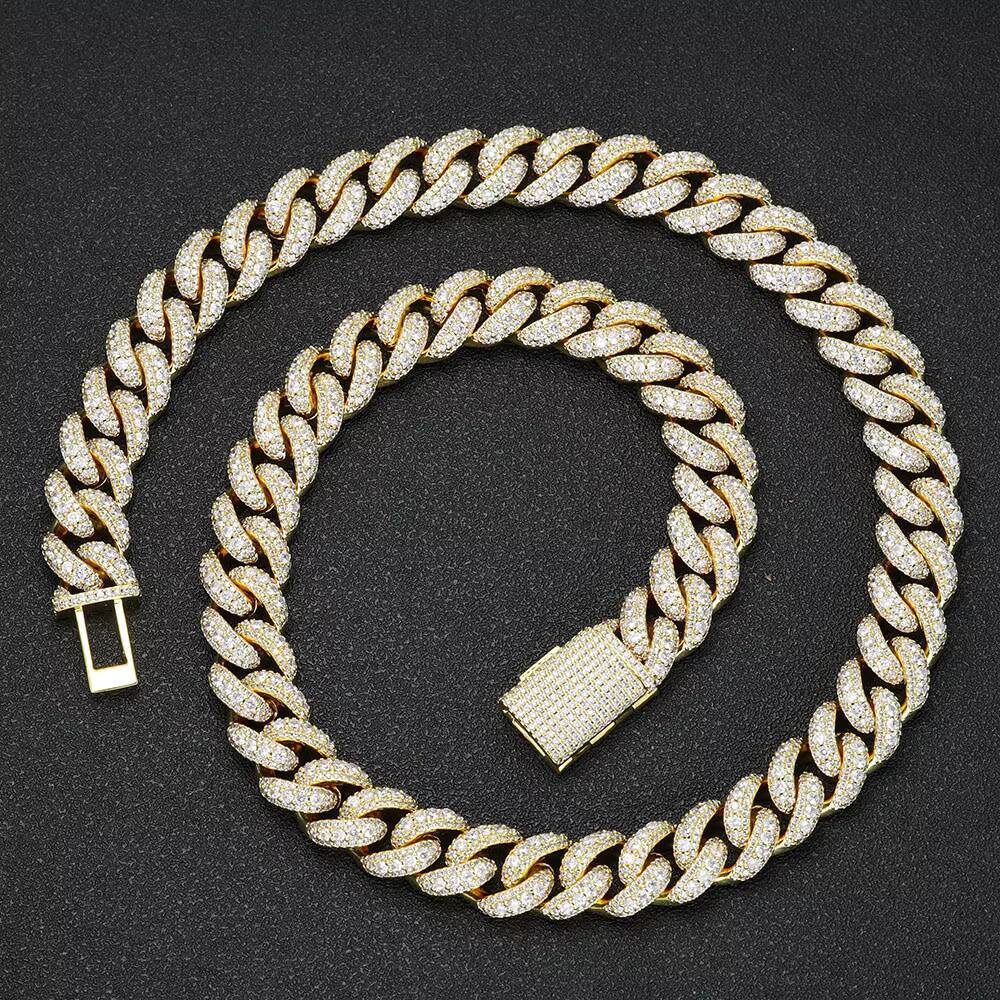 Hip Hop Jewelry for Men 15mm 3 Row Iced Out Diamond Cuban Chain Necklace White Gold Plated Miami Cuban Link Chain