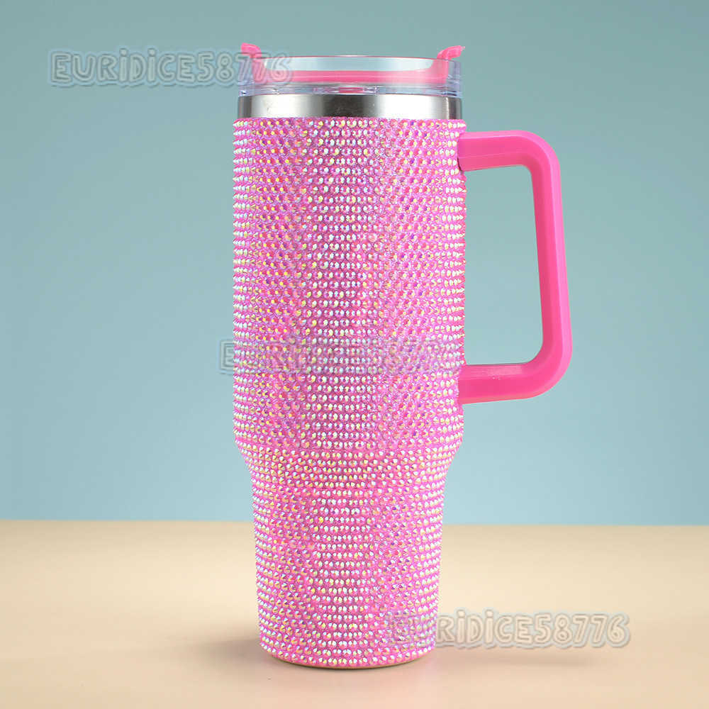 40oz Handle Cup Large Capacity 304 Stainless Steel Handmade Rhinestone Car Cup H250911