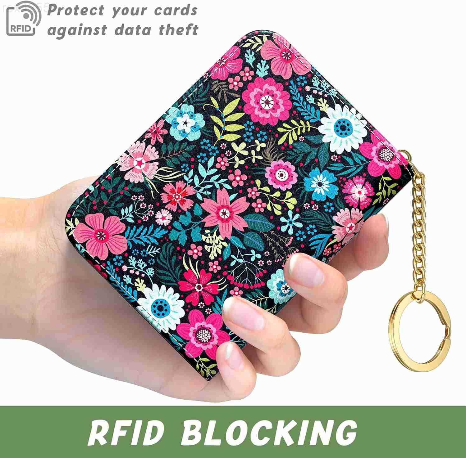 Credit Card Holder Small RFID Wallet Slim Leather Card Organizer Case with Zipper and Keychain Elegant FlowersW250911