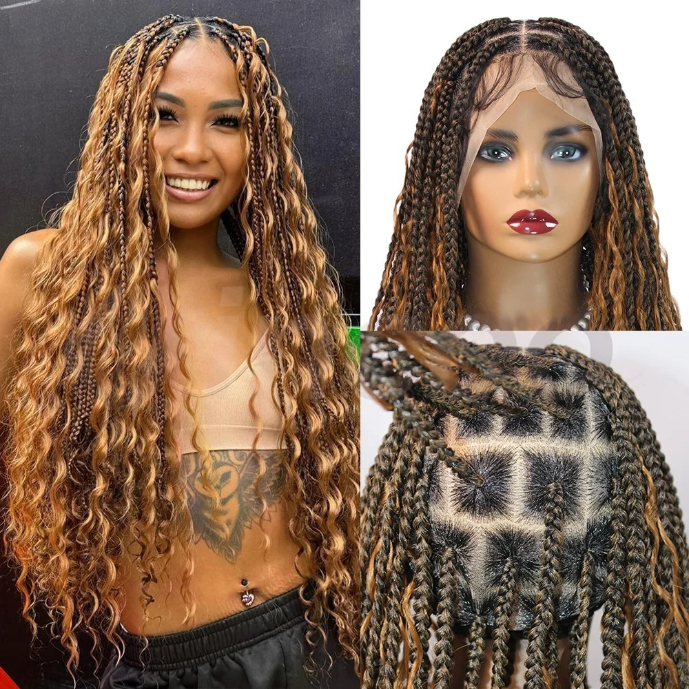 Boho Braided Wigs Synthetic Full Lace Front Wigs Blonde Curly Ends Hair Goddess Locs Cornrows Braid Wigs Knotless Box Braids Lace Frontal Wig