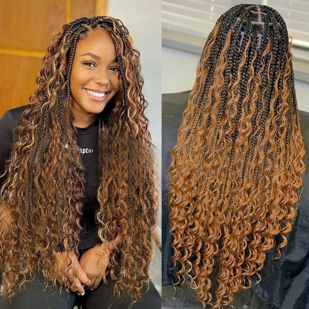 Boho Braided Wigs Synthetic Full Lace Front Wigs Blonde Curly Ends Hair Goddess Locs Cornrows Braid Wigs Knotless Box Braids Lace Frontal Wig