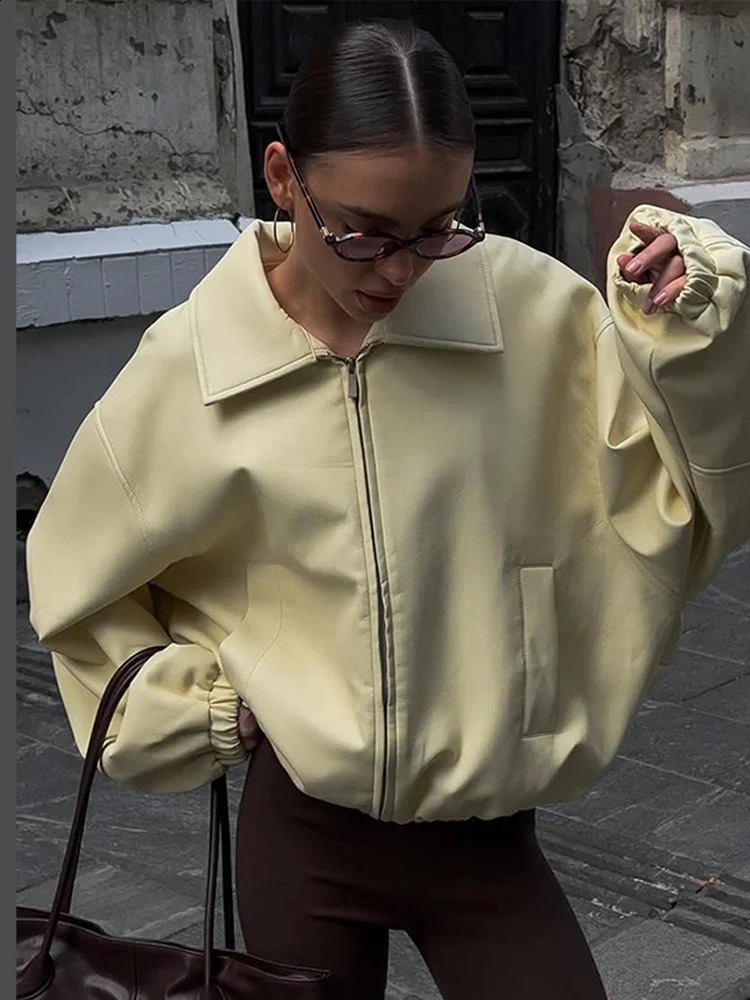 Retro PU Leather Zipper Jacket Women Fashion Lapel Loose Light Yellow Jackets Lady Versatile Casual Chic Street Outwear 250911
