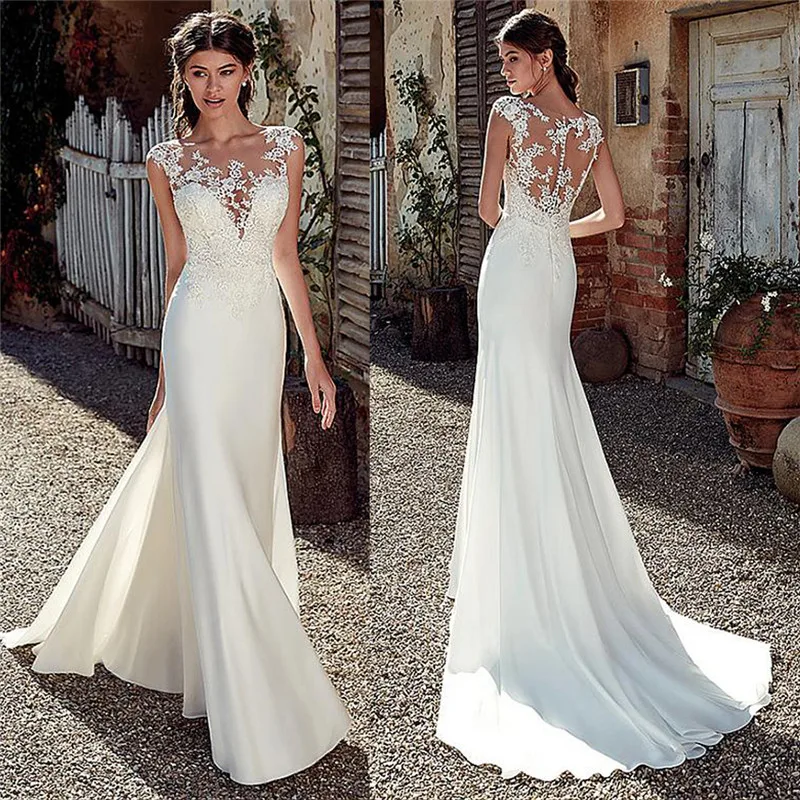 Beautiful Fascinating Mermaid Wedding Dresses Lace Appliques Mermaid Short Sleeves Bridal Gowns Sweep Train Vestido De Novia Customized