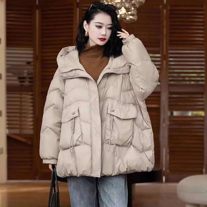 Lagabogy 2025 Women Autumn Winter Vintage Style Loose Casual Mid-Long Hooded Warm Puffer Coat Female 90% White Duck Down Jacket