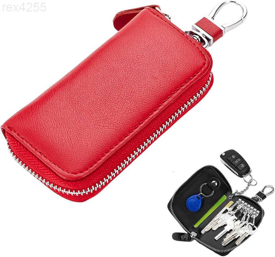 Leather Car Key Holder Bag Unisex Key Fob Case with 6 Hooks Zipper Closure Keychian Case Wallet for Smart Keys BlackW250911