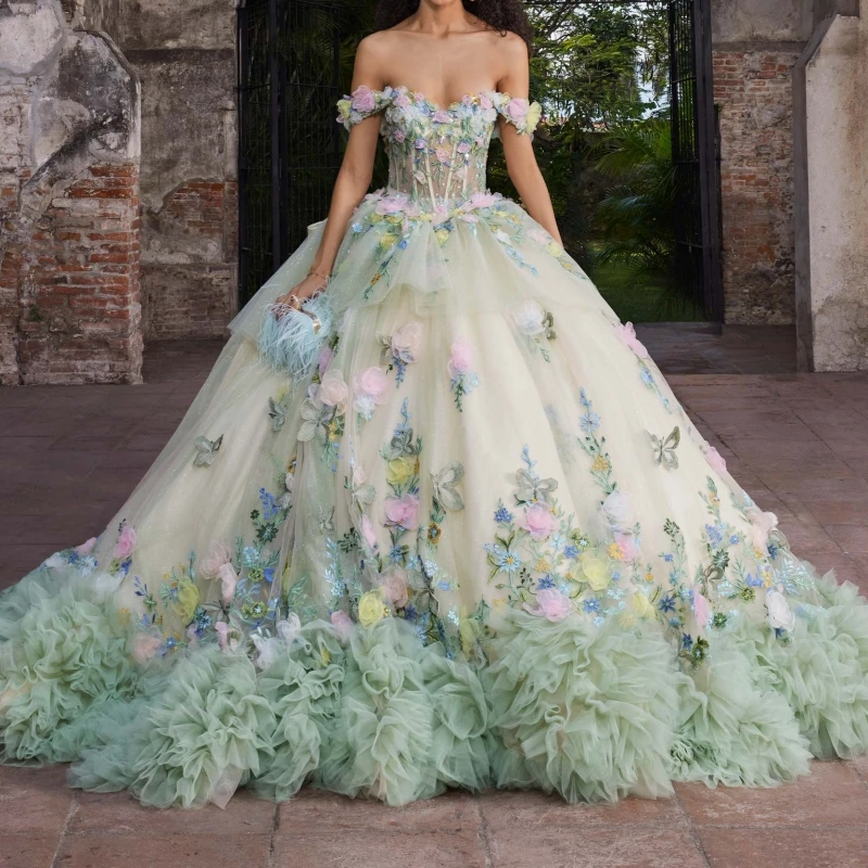 Light Green Quinceanera Dresses Ball Gown Off The Shoulder Applique Flower Bow Beads Tull Tiered Sweet 16 Dress Vestidos 15 De Anos