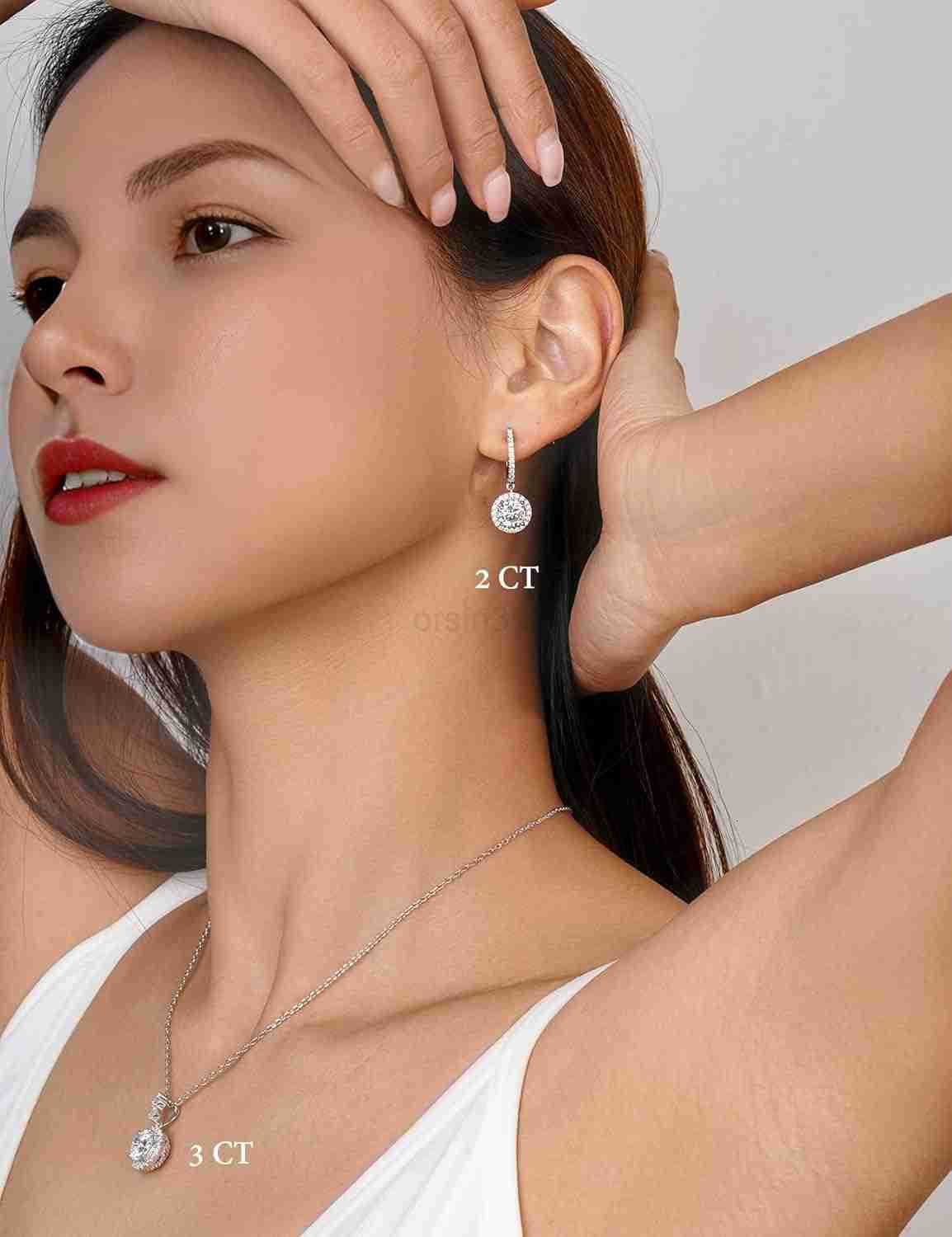 Round Cubic Zirconia Dangle Earrings for Women in White Gold Plated Cz Halo Design and Half Ball Ear Drops with Paved Simulated Diamond Lever Back and