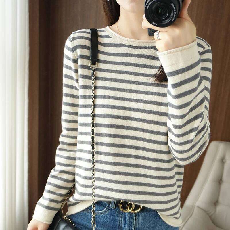 Women 100% Cotton Curled O-Neck Strip Pullover Autumn Winter Casual Knit Clothing Fashion Soft Bottoming Sweater Tops