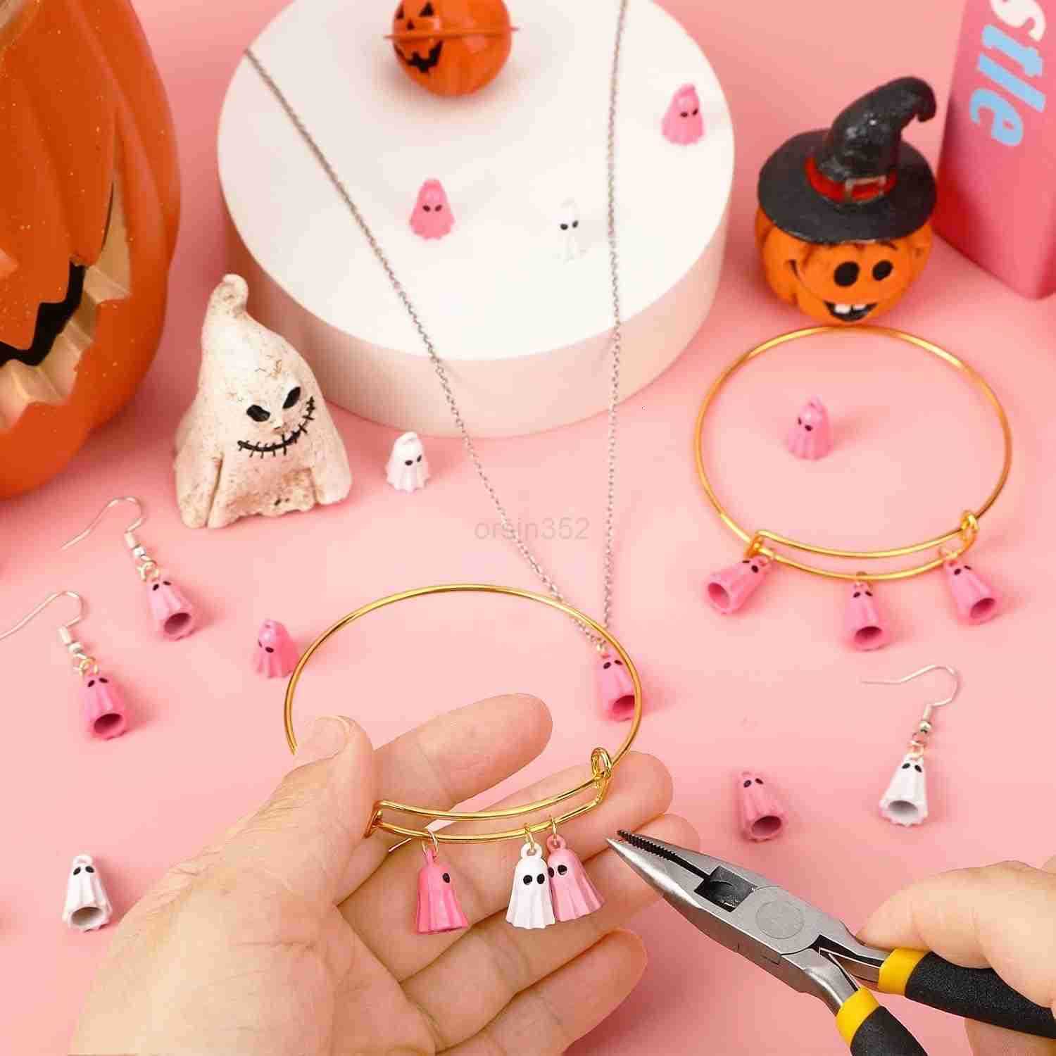 60Pcs Halloween Charms Halloween Ghost Charms for Jewelry Making Pink White Ghost Bangle Charm Pendants for Necklace Earrings Making DIY CraftsW250911